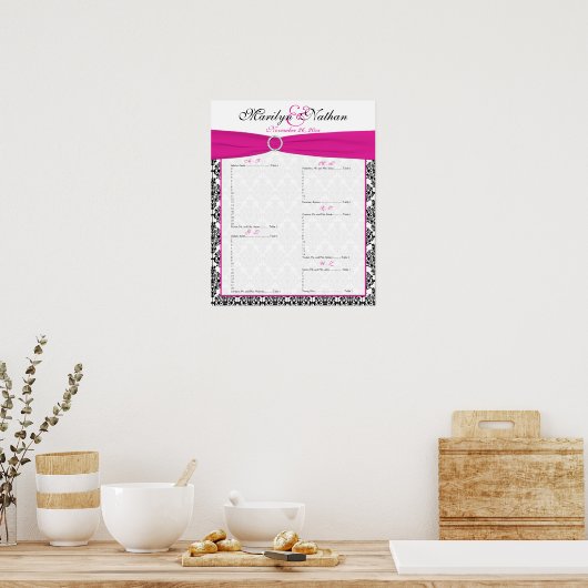 ピンク、白、および黒の披露宴の座席表 ポスター (キッチン)