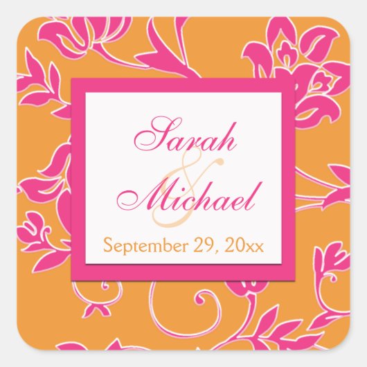 ピンク、白、オレンジ1.5インチスクエア結婚ステッカー スクエアシール (正面)