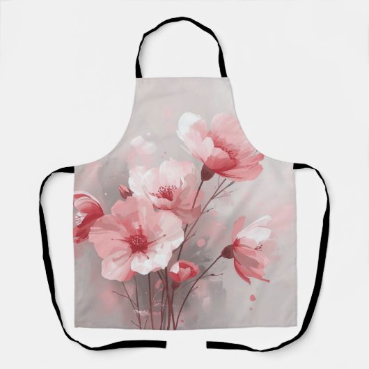 ピンク、白、グレイの花柄 エプロン (正面)
