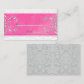 ピンク、白、グレーのダマスクのプレイスカード プレイスカード (正面/裏面)