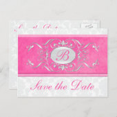 ピンク、白、グレーのダマスク日付を保存 案内ポストカード (正面/裏面)