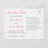 ピンク、白、グレーのダマスク日付を保存 案内ポストカード (裏面)