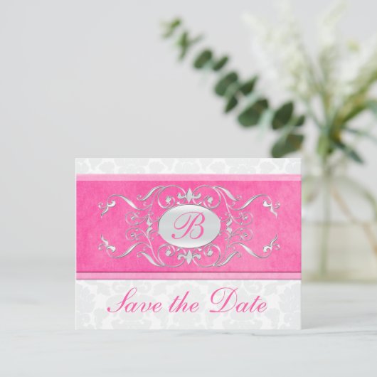 ピンク、白、グレーのダマスク日付を保存 案内ポストカード (スタンド正面)