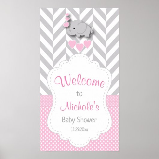 ピンク、白、グレーの象の赤ちゃんシャワーへようこそ ポスター (正面)