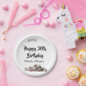 ピンク 白 マーブルの花の名前入り ハッピー30歳の誕生日 ペーパープレート (パーティー)