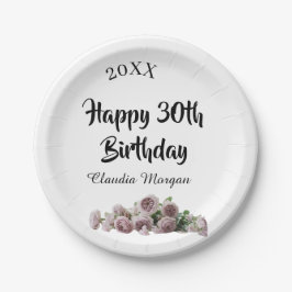 ピンク 白 マーブルの花の名前入り ハッピー30歳の誕生日 ペーパープレート