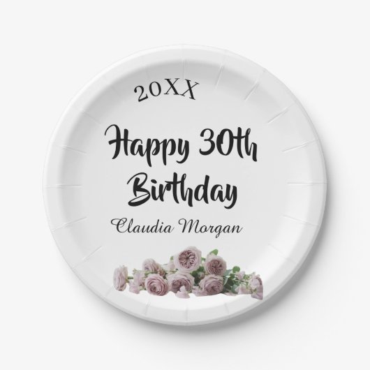 ピンク 白 マーブルの花の名前入り ハッピー30歳の誕生日 ペーパープレート (正面)