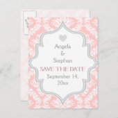 ピンク、白、灰色のダマスクの結婚式の日付を保存 案内ポストカード (正面/裏面)