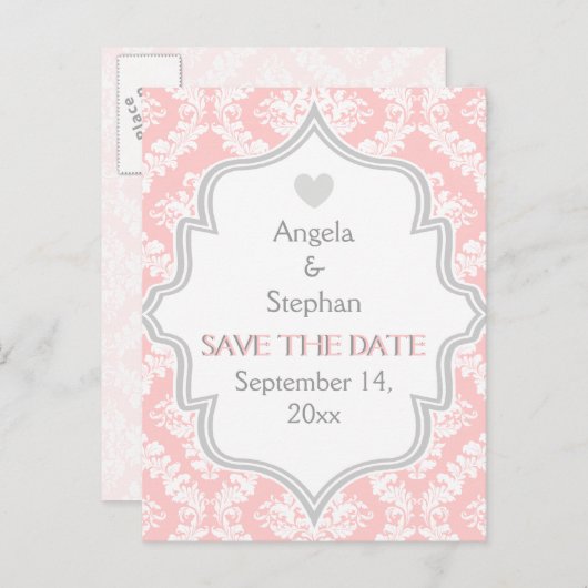 ピンク、白、灰色のダマスクの結婚式の日付を保存 案内ポストカード (正面/裏面)