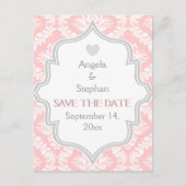 ピンク、白、灰色のダマスクの結婚式の日付を保存 案内ポストカード (正面)