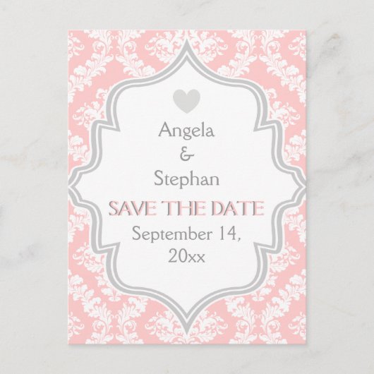 ピンク、白、灰色のダマスクの結婚式の日付を保存 案内ポストカード (正面)