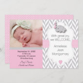 ピンク、白、灰色の象🐘ベビー写真 案内状 (正面/裏面)