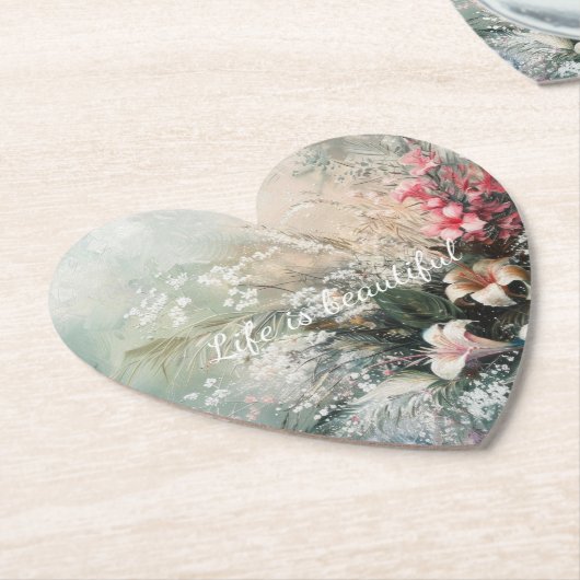 ピンク 白 熱帯 花 ペーパーコースター (アングル)