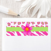 ピンク、白、緑のゼブラ&チーター&ピンクの花 ラベル (インサイチュ)