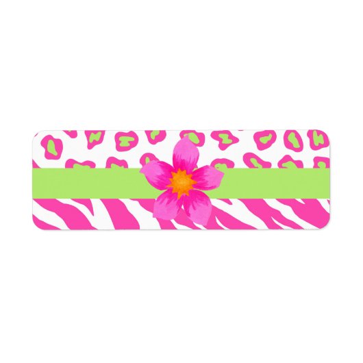 ピンク、白、緑のゼブラ&チーター&ピンクの花 ラベル (正面)