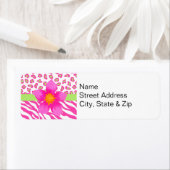 ピンク、白、緑のゼブラ&チーター&ピンクの花 ラベル (インサイチュ)