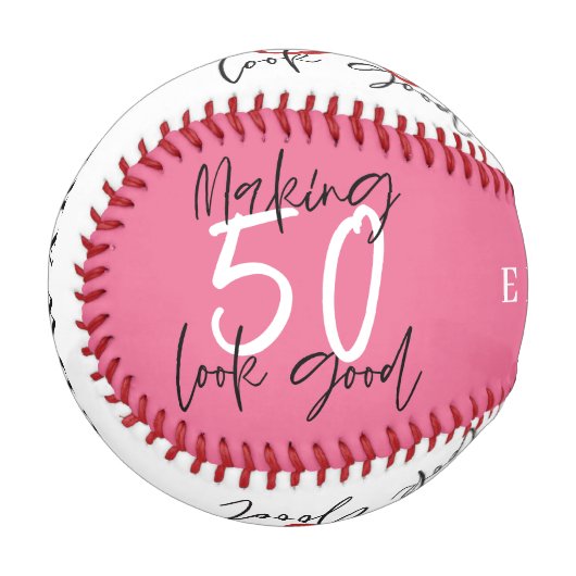 ピンク、白、青の50歳の誕生日シモダンック 野球ボール (正面左)