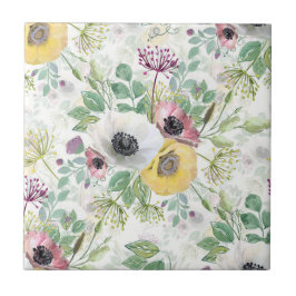 ピンク、白、黄のアネモネ。 タイル