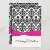 ピンク、白、黒のダマスク結婚式招待状 招待状 (正面/裏面)