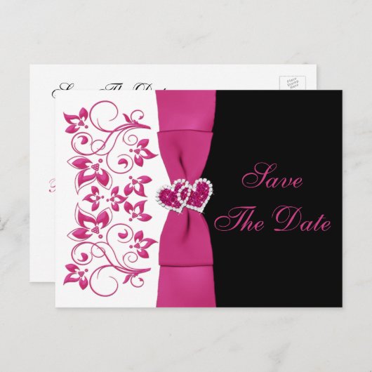 ピンク、白、黒のフローラ日付のポストカードを保存 案内ポストカード (正面/裏面)