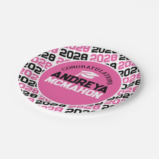 ピンク、白、黒の卒業パーソナライズされた ペーパープレート (アングル)