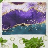 ピンク、紫とティール(緑がかった色)グリッターピーコックアゲート キッチンタオル (折り畳み)