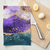 ピンク、紫とティール(緑がかった色)グリッターピーコックアゲート キッチンタオル (四つ折り)