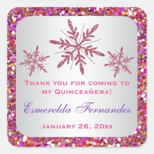 ピンク、紫のグリッタールック雪片好きステッカー スクエアシール (正面)