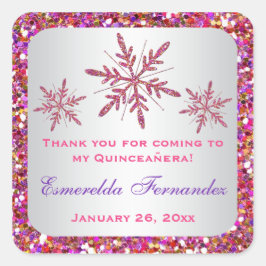 ピンク、紫のグリッタールック雪片好きステッカー スクエアシール