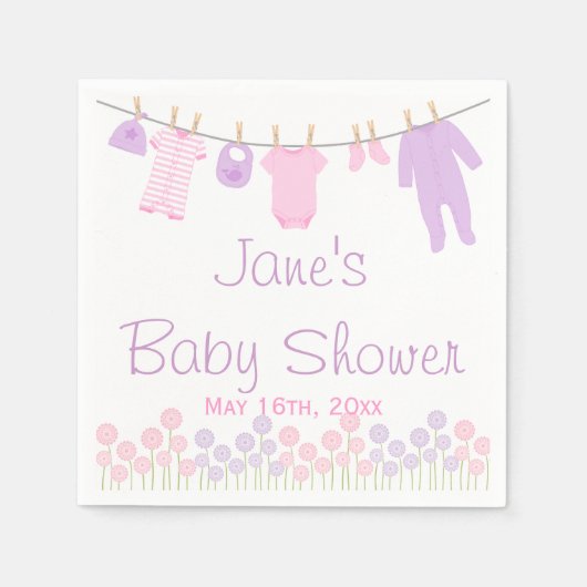 ピンク&紫の小さな服ベビーシャワーナプキン スタンダードカクテルナプキン (正面)
