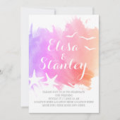 ピンク、紫の水色、ヒトデビーチ結婚式 招待状 (正面)