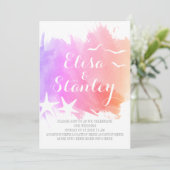 ピンク、紫の水色、ヒトデビーチ結婚式 招待状 (スタンド正面)