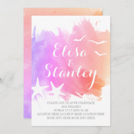 ピンク、紫の水色、ヒトデビーチ結婚式 招待状