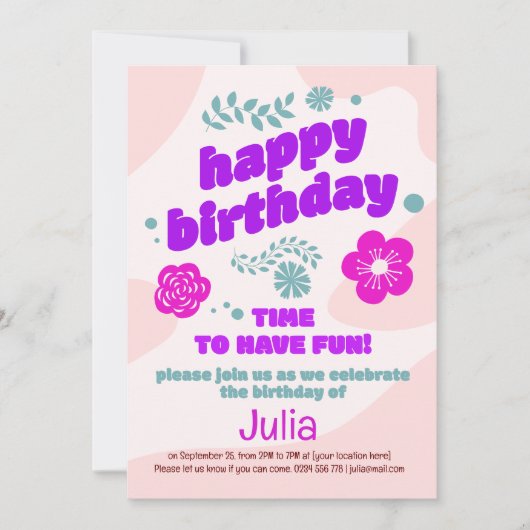 ピンク、紫の花の誕生日の招待。編集可能 招待状 (正面)