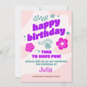 ピンク、紫の花の誕生日の招待。編集可能 招待状 (裏面)