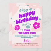 ピンク、紫の花の誕生日の招待。編集可能 招待状 (正面/裏面)