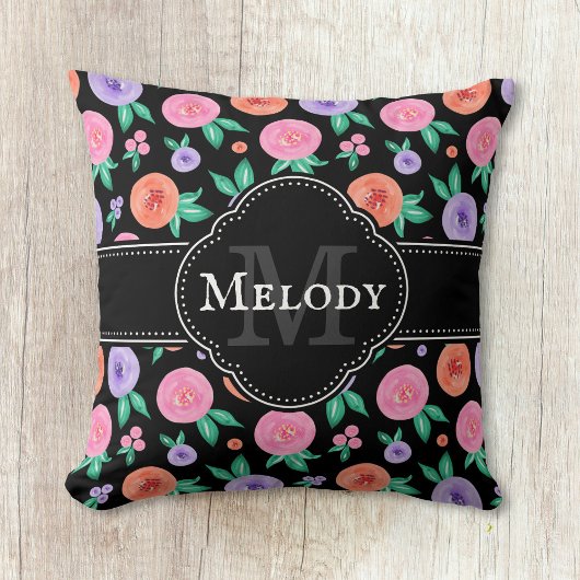 ピンク/紫色の水色バラパターンの黒 クッション