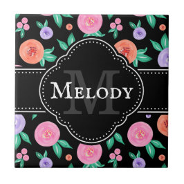 ピンク/紫色の水色バラパターンの黒 タイル