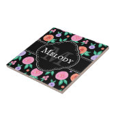 ピンク/紫色の水色バラパターンの黒 タイル (側面)