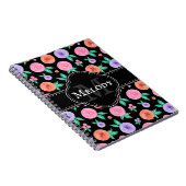 ピンク/紫色の水色バラパターンの黒 ノートブック (右側)