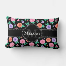 ピンク/紫色の水色バラパターンの黒 ランバークッション