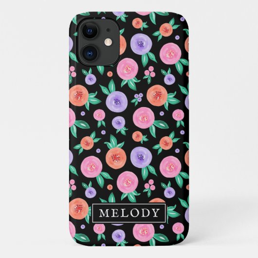 ピンク/紫色の水色バラパターンの黒 Case-Mate iPhoneケース (裏面)