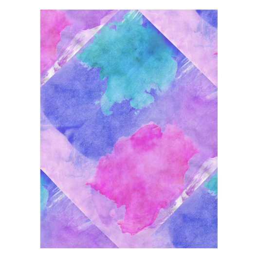 ピンク、紫色、ティール（緑がかった色）および青い水彩画の汚れ テーブルクロス (正面)