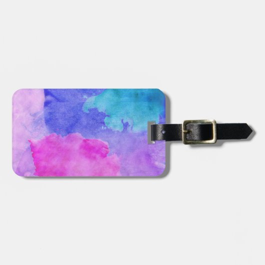 ピンク、紫色、ティール（緑がかった色）および青い水彩画の汚れ ラゲッジタグ (正面横)