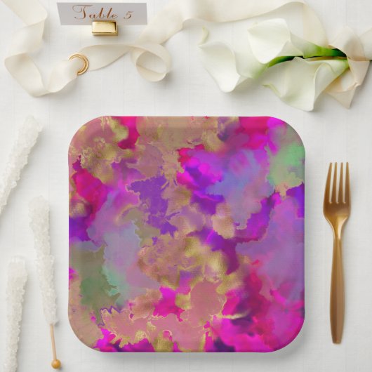 ピンク、紫、および金ゴールドの大理石紙プレート ペーパープレート (ウェディング)