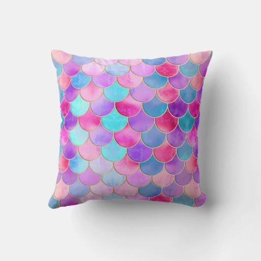 ピンク、紫、アクアマーメイドスケールパターン クッション (裏面)