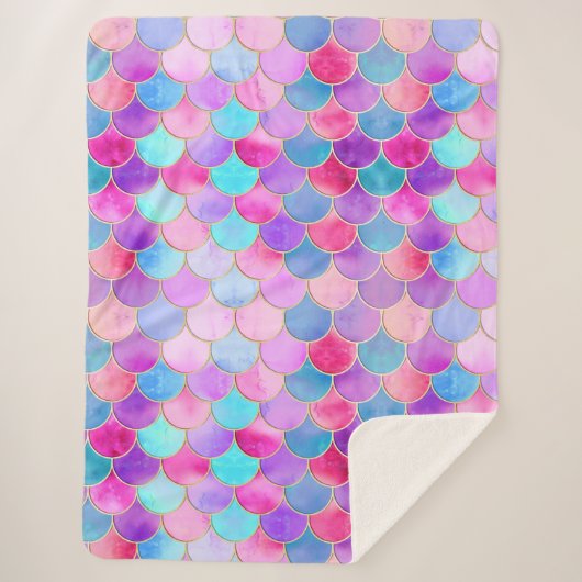 ピンク、紫、アクアマーメイドスケールパターン シェルパブランケット (正面)