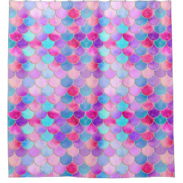 ピンク、紫、アクアマーメイドスケールパターン シャワーカーテン