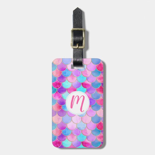 ピンク、紫、アクアマーメイドスケールパターン ラゲッジタグ (正面縦)