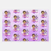ピンク、紫、ティール（緑がかった色）妖精とユニコーン ラッピングペーパーシート (正面2)